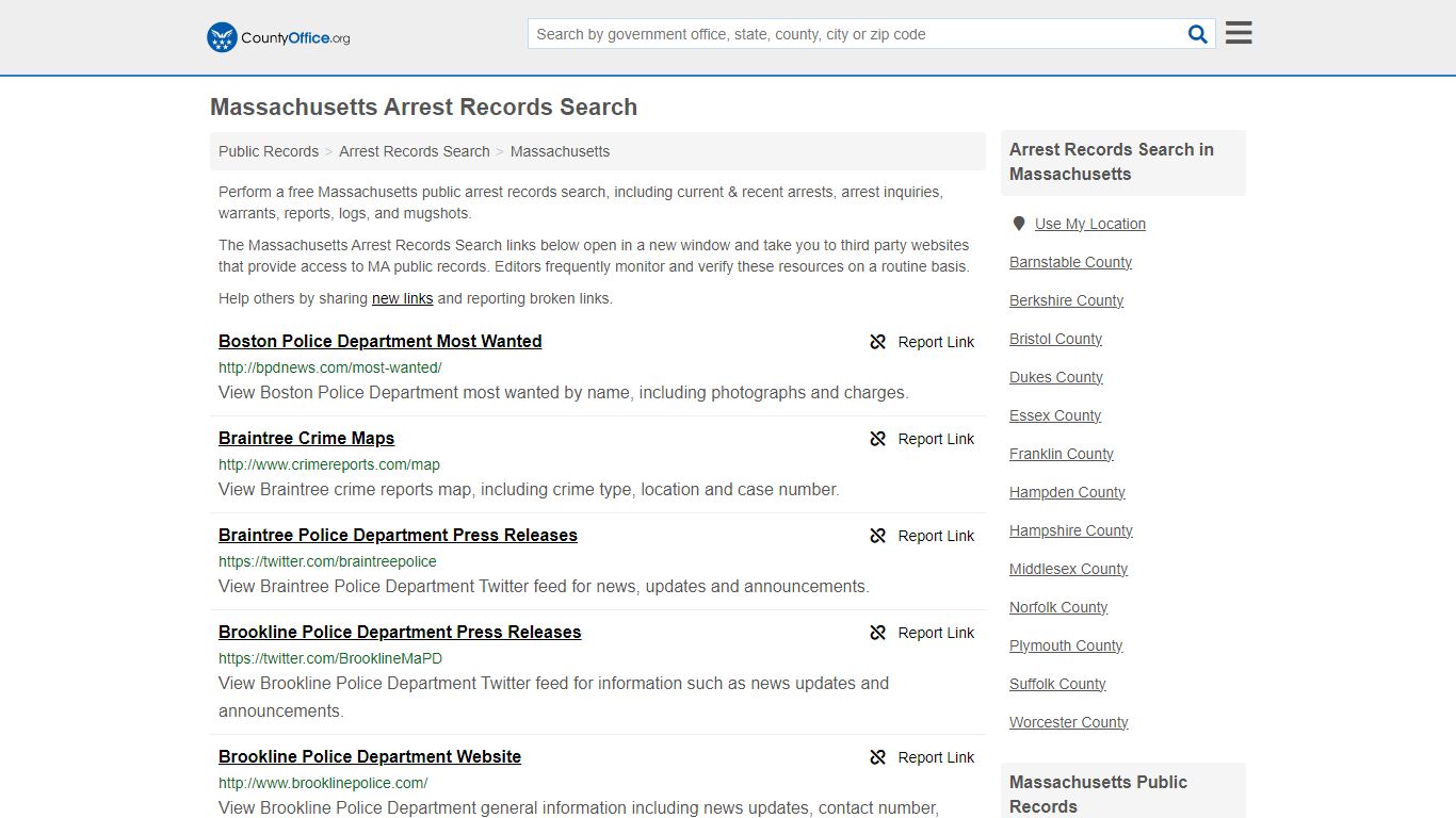 Arrest Records Search - Massachusetts (Arrests & Mugshots) - County Office